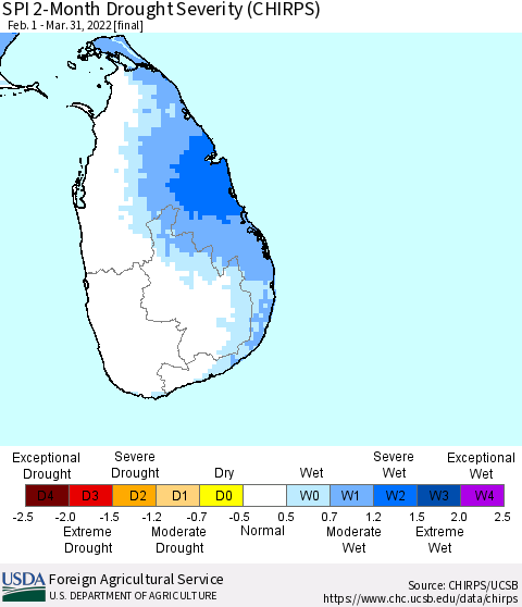 Sri Lanka SPI 2-Month Drought Severity (CHIRPS) Thematic Map For 2/1/2022 - 3/31/2022