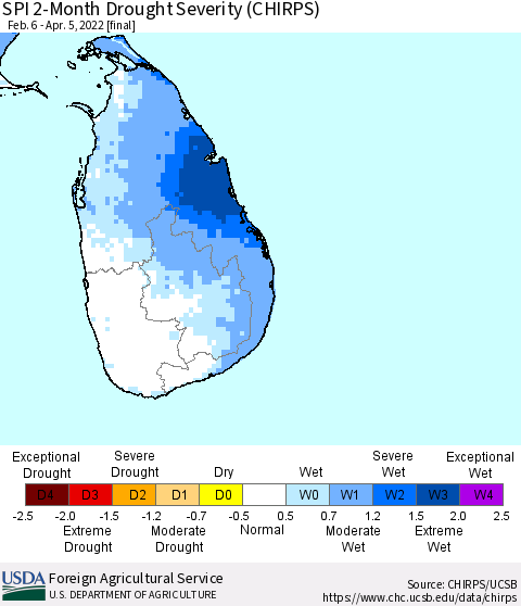 Sri Lanka SPI 2-Month Drought Severity (CHIRPS) Thematic Map For 2/6/2022 - 4/5/2022