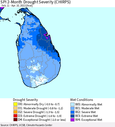 Sri Lanka SPI 2-Month Drought Severity (CHIRPS) Thematic Map For 2/11/2022 - 4/10/2022