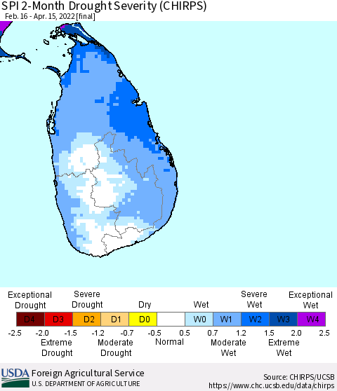 Sri Lanka SPI 2-Month Drought Severity (CHIRPS) Thematic Map For 2/16/2022 - 4/15/2022