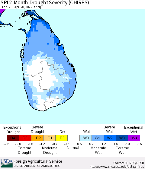 Sri Lanka SPI 2-Month Drought Severity (CHIRPS) Thematic Map For 2/21/2022 - 4/20/2022