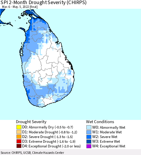 Sri Lanka SPI 2-Month Drought Severity (CHIRPS) Thematic Map For 3/6/2022 - 5/5/2022