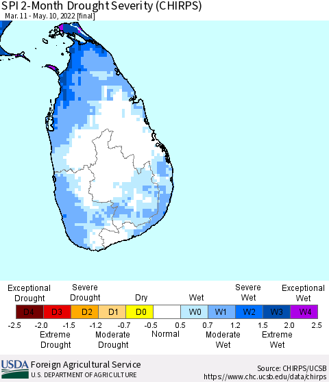 Sri Lanka SPI 2-Month Drought Severity (CHIRPS) Thematic Map For 3/11/2022 - 5/10/2022
