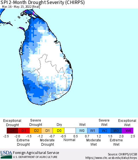 Sri Lanka SPI 2-Month Drought Severity (CHIRPS) Thematic Map For 3/16/2022 - 5/15/2022