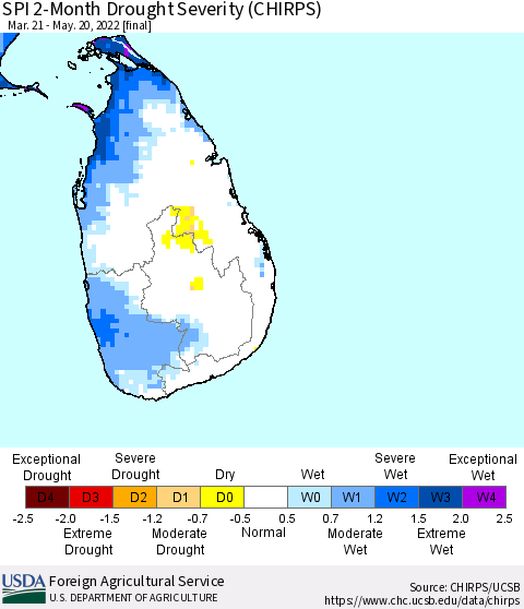 Sri Lanka SPI 2-Month Drought Severity (CHIRPS) Thematic Map For 3/21/2022 - 5/20/2022