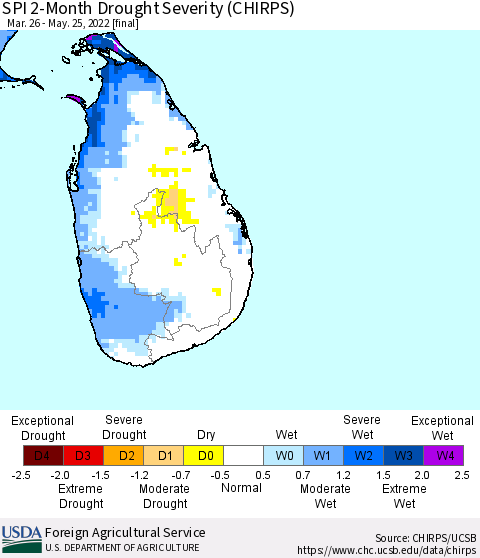Sri Lanka SPI 2-Month Drought Severity (CHIRPS) Thematic Map For 3/26/2022 - 5/25/2022