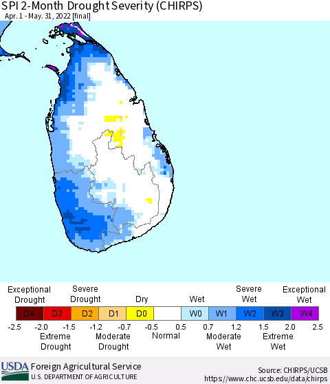 Sri Lanka SPI 2-Month Drought Severity (CHIRPS) Thematic Map For 4/1/2022 - 5/31/2022
