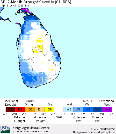Sri Lanka SPI 2-Month Drought Severity (CHIRPS) Thematic Map For 4/6/2022 - 6/5/2022