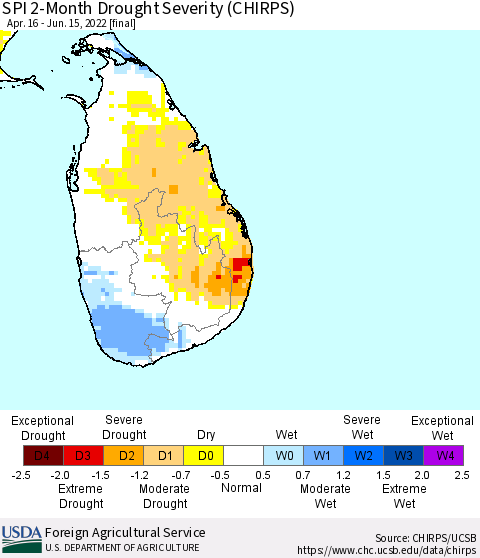Sri Lanka SPI 2-Month Drought Severity (CHIRPS) Thematic Map For 4/16/2022 - 6/15/2022