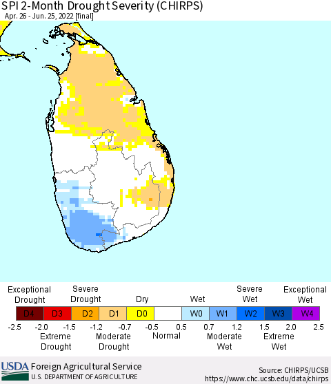 Sri Lanka SPI 2-Month Drought Severity (CHIRPS) Thematic Map For 4/26/2022 - 6/25/2022