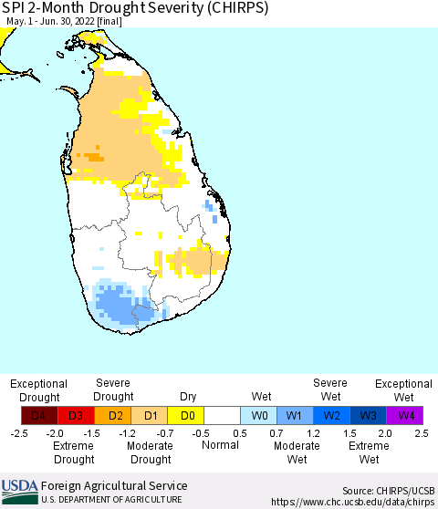 Sri Lanka SPI 2-Month Drought Severity (CHIRPS) Thematic Map For 5/1/2022 - 6/30/2022