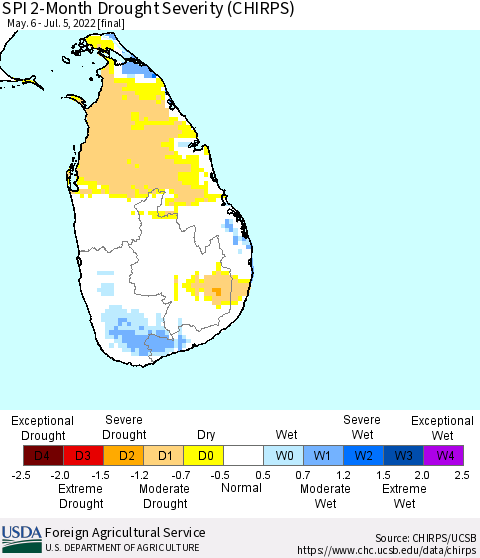Sri Lanka SPI 2-Month Drought Severity (CHIRPS) Thematic Map For 5/6/2022 - 7/5/2022