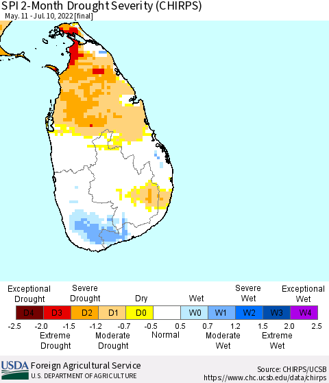 Sri Lanka SPI 2-Month Drought Severity (CHIRPS) Thematic Map For 5/11/2022 - 7/10/2022
