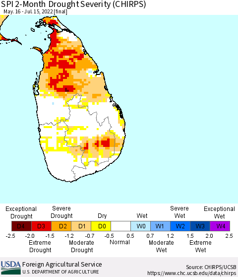 Sri Lanka SPI 2-Month Drought Severity (CHIRPS) Thematic Map For 5/16/2022 - 7/15/2022