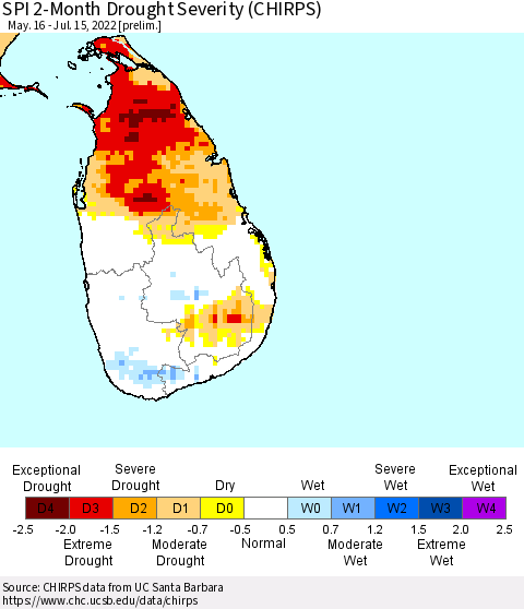 Sri Lanka SPI 2-Month Drought Severity (CHIRPS) Thematic Map For 5/16/2022 - 7/15/2022
