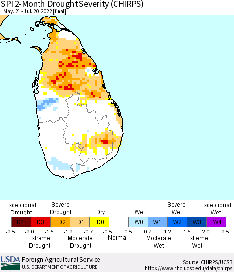 Sri Lanka SPI 2-Month Drought Severity (CHIRPS) Thematic Map For 5/21/2022 - 7/20/2022