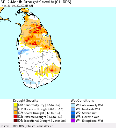 Sri Lanka SPI 2-Month Drought Severity (CHIRPS) Thematic Map For 5/21/2022 - 7/20/2022