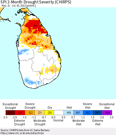 Sri Lanka SPI 2-Month Drought Severity (CHIRPS) Thematic Map For 5/21/2022 - 7/20/2022