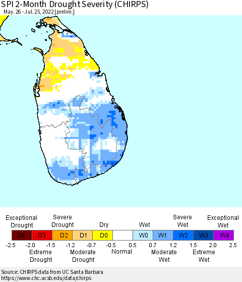 Sri Lanka SPI 2-Month Drought Severity (CHIRPS) Thematic Map For 5/26/2022 - 7/25/2022