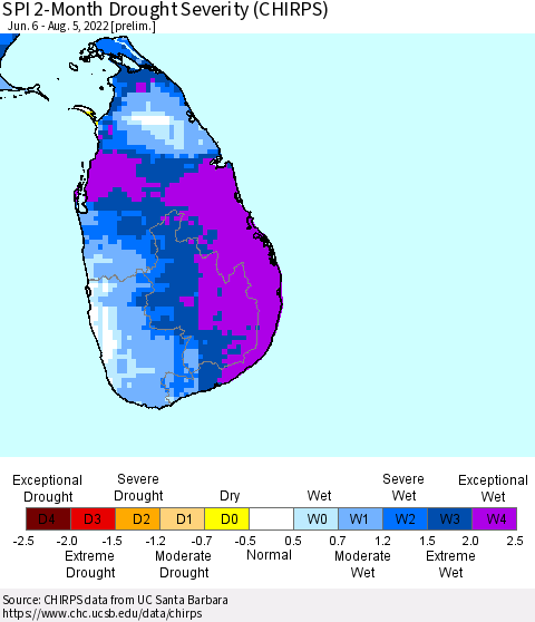 Sri Lanka SPI 2-Month Drought Severity (CHIRPS) Thematic Map For 6/6/2022 - 8/5/2022
