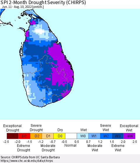 Sri Lanka SPI 2-Month Drought Severity (CHIRPS) Thematic Map For 6/11/2022 - 8/10/2022