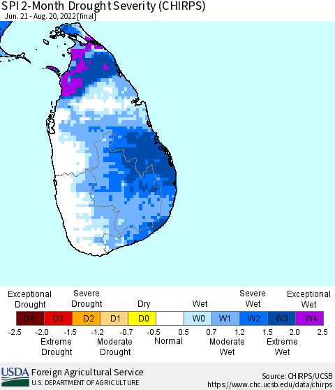 Sri Lanka SPI 2-Month Drought Severity (CHIRPS) Thematic Map For 6/21/2022 - 8/20/2022