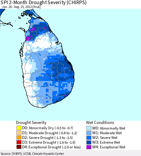 Sri Lanka SPI 2-Month Drought Severity (CHIRPS) Thematic Map For 6/26/2022 - 8/25/2022