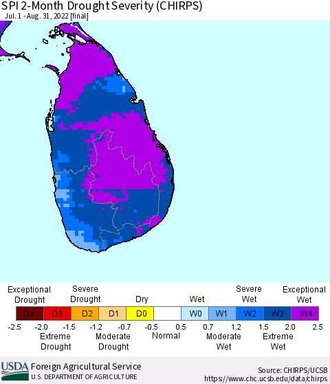 Sri Lanka SPI 2-Month Drought Severity (CHIRPS) Thematic Map For 7/1/2022 - 8/31/2022