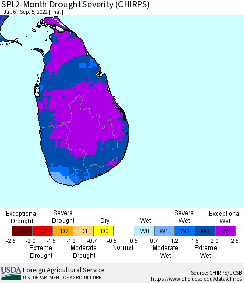 Sri Lanka SPI 2-Month Drought Severity (CHIRPS) Thematic Map For 7/6/2022 - 9/5/2022