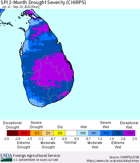 Sri Lanka SPI 2-Month Drought Severity (CHIRPS) Thematic Map For 7/11/2022 - 9/10/2022