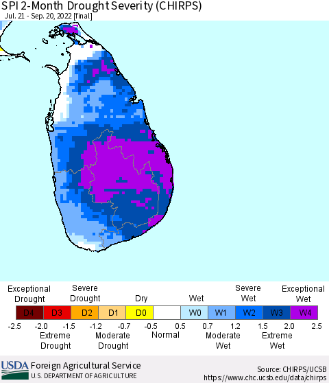 Sri Lanka SPI 2-Month Drought Severity (CHIRPS) Thematic Map For 7/21/2022 - 9/20/2022