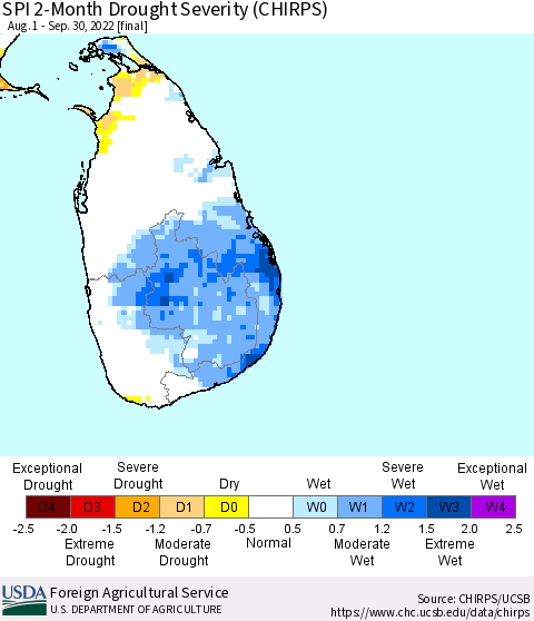Sri Lanka SPI 2-Month Drought Severity (CHIRPS) Thematic Map For 8/1/2022 - 9/30/2022
