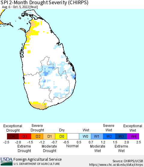 Sri Lanka SPI 2-Month Drought Severity (CHIRPS) Thematic Map For 8/6/2022 - 10/5/2022