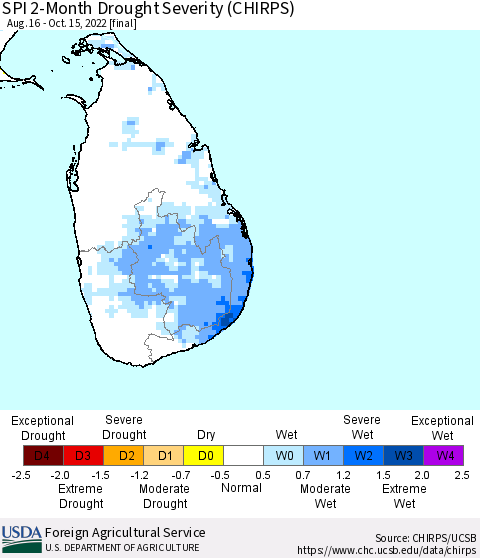 Sri Lanka SPI 2-Month Drought Severity (CHIRPS) Thematic Map For 8/16/2022 - 10/15/2022