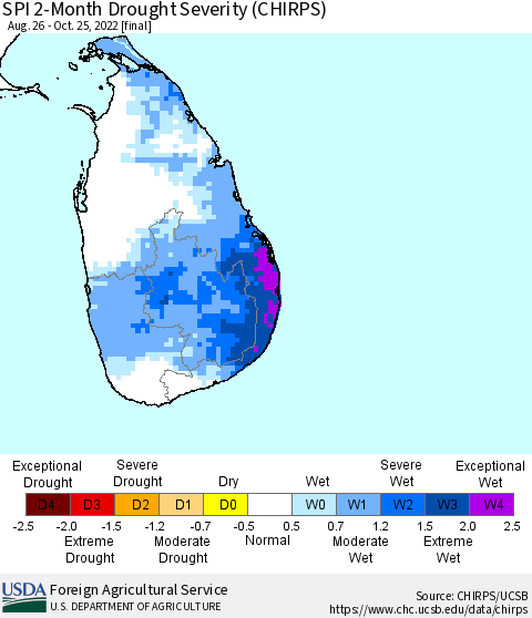 Sri Lanka SPI 2-Month Drought Severity (CHIRPS) Thematic Map For 8/26/2022 - 10/25/2022