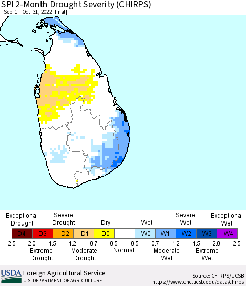 Sri Lanka SPI 2-Month Drought Severity (CHIRPS) Thematic Map For 9/1/2022 - 10/31/2022