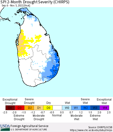 Sri Lanka SPI 2-Month Drought Severity (CHIRPS) Thematic Map For 9/6/2022 - 11/5/2022