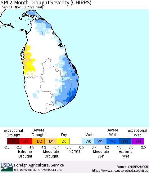 Sri Lanka SPI 2-Month Drought Severity (CHIRPS) Thematic Map For 9/11/2022 - 11/10/2022