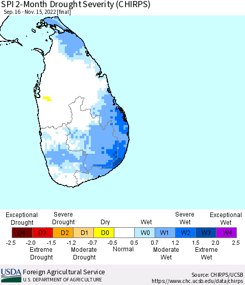 Sri Lanka SPI 2-Month Drought Severity (CHIRPS) Thematic Map For 9/16/2022 - 11/15/2022