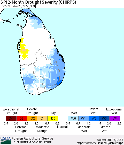 Sri Lanka SPI 2-Month Drought Severity (CHIRPS) Thematic Map For 9/21/2022 - 11/20/2022