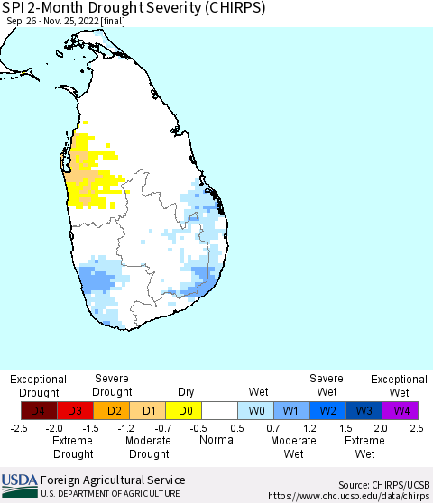 Sri Lanka SPI 2-Month Drought Severity (CHIRPS) Thematic Map For 9/26/2022 - 11/25/2022