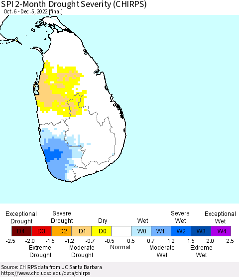 Sri Lanka SPI 2-Month Drought Severity (CHIRPS) Thematic Map For 10/6/2022 - 12/5/2022