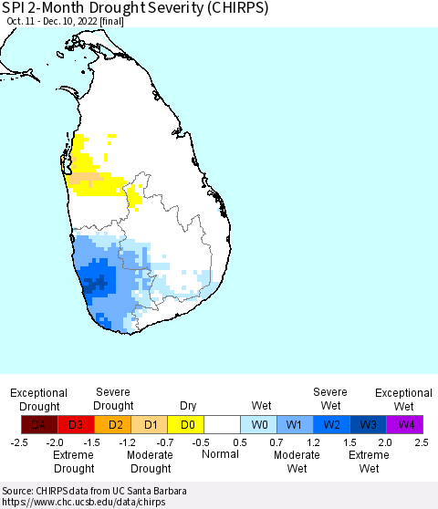 Sri Lanka SPI 2-Month Drought Severity (CHIRPS) Thematic Map For 10/11/2022 - 12/10/2022