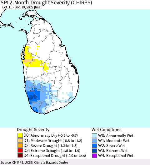 Sri Lanka SPI 2-Month Drought Severity (CHIRPS) Thematic Map For 10/11/2022 - 12/10/2022