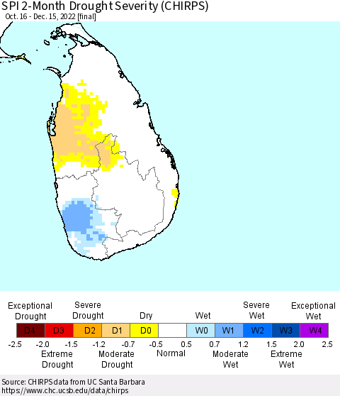 Sri Lanka SPI 2-Month Drought Severity (CHIRPS) Thematic Map For 10/16/2022 - 12/15/2022