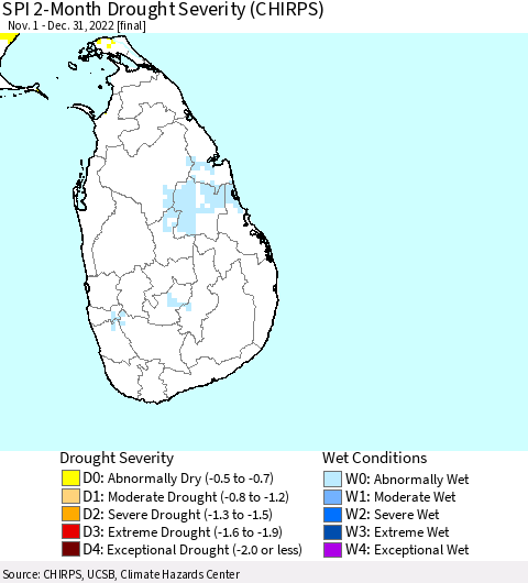 Sri Lanka SPI 2-Month Drought Severity (CHIRPS) Thematic Map For 11/1/2022 - 12/31/2022