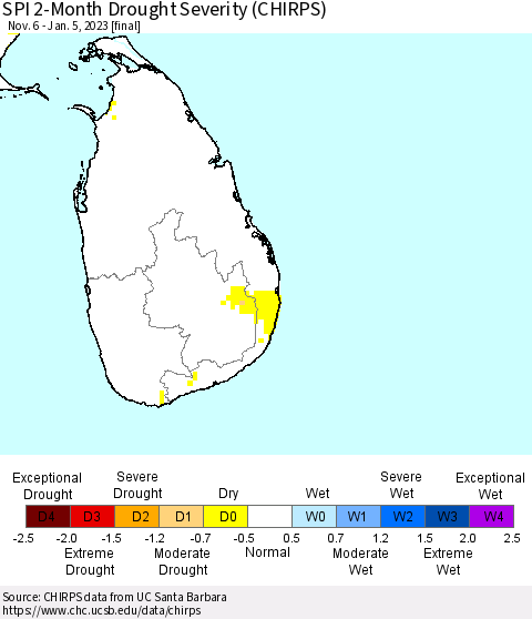 Sri Lanka SPI 2-Month Drought Severity (CHIRPS) Thematic Map For 11/6/2022 - 1/5/2023