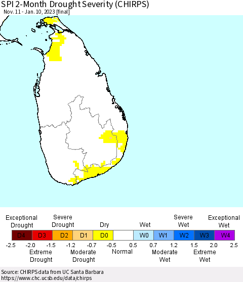 Sri Lanka SPI 2-Month Drought Severity (CHIRPS) Thematic Map For 11/11/2022 - 1/10/2023