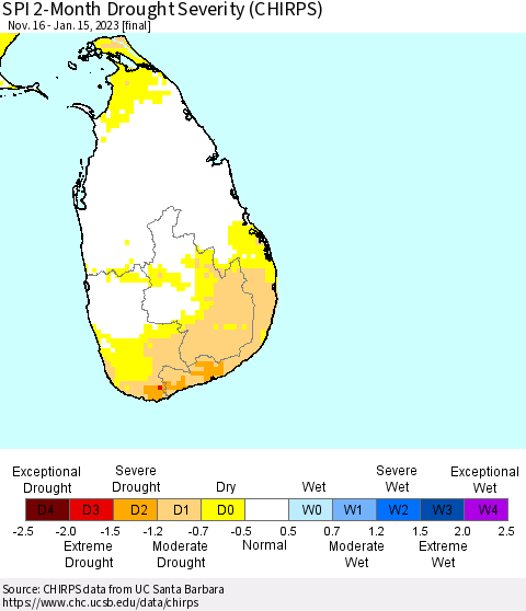 Sri Lanka SPI 2-Month Drought Severity (CHIRPS) Thematic Map For 11/16/2022 - 1/15/2023