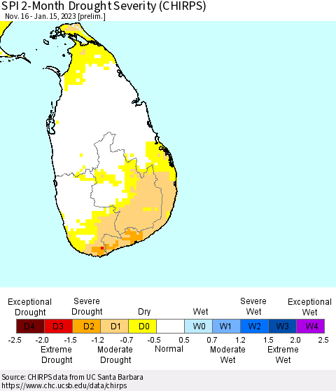 Sri Lanka SPI 2-Month Drought Severity (CHIRPS) Thematic Map For 11/16/2022 - 1/15/2023